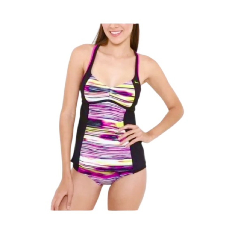 Nike Swim Tankini Top Size 16 Racerback Built-In Bra, Black & Multicolored